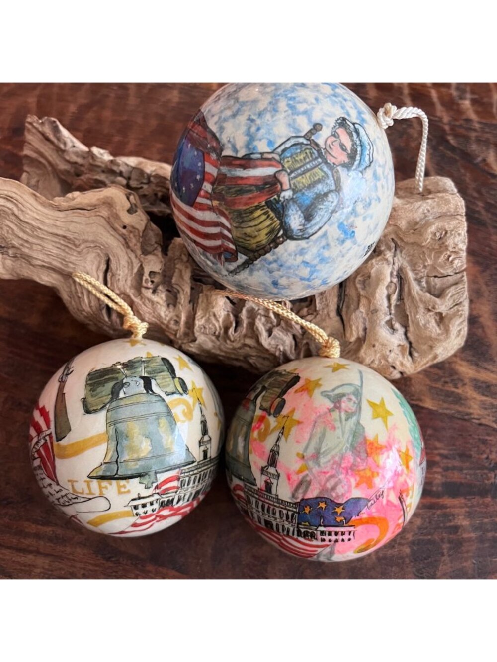 3 Decopauge Patriotic Christmas Ornaments With Betsy Ross & Liberty Bell